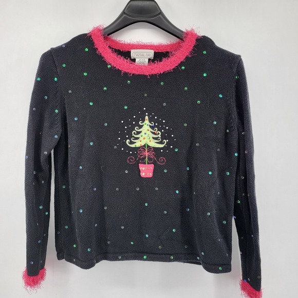 Mandal Bay Sweaters - Mandal Bay Black Christmas Tree Sequin Sweater Pink Fuzzy Trim Large Vintage